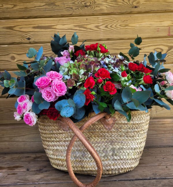 Capazo de hortensias y rosas